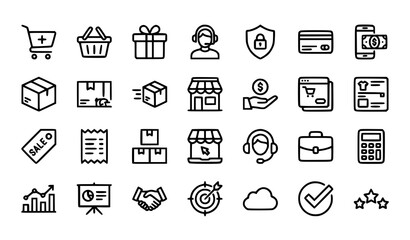 Fototapeta premium Business Shopping Line Icon Pack with Cart Basket Gift Secure Payment and Delivery Vector Symbols