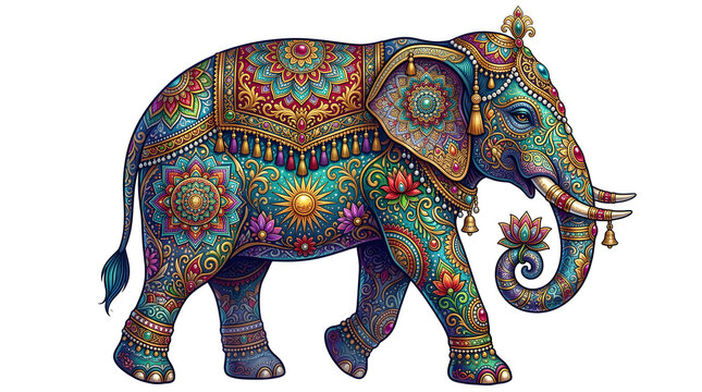 Regal ornamental elephant adorned with colorful mandala patterns, jewelry and lotus motifs, vibrant festival illustration inspired by Indian art, culture and spirituality