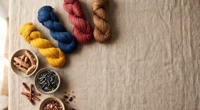 Flat lay overhead photograph on a natural linen surface: freshly dyed silk skeins in earthy natural dye colors &mdash; turmeric yellow, indigo blue, madder red, and tannin brown.
