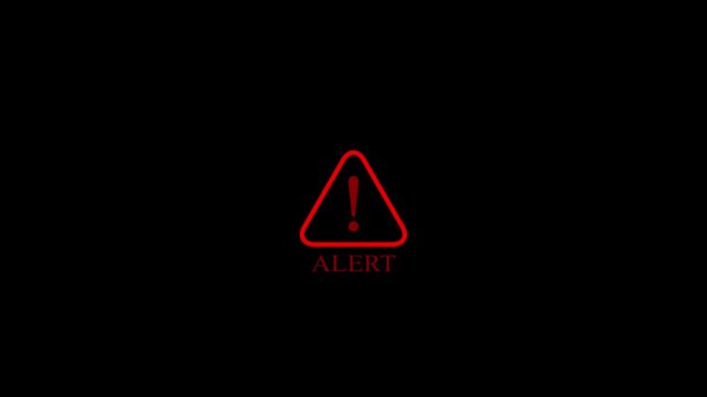 Red warning alert icon with exclamation mark and text blinking emergency danger notification system error flashing symbol minimalist loop motion graphic isolated on black background.