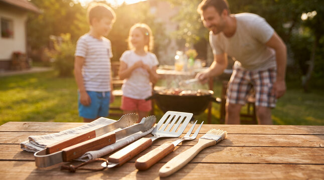 Father grilling with children outdoors during sunny summer day for father's day  
