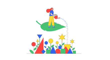 Fototapeta premium Flat Vector Illustration of Woman Watering Geometric Shapes for Growth and Business Development Concept