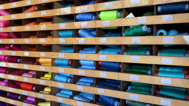 Assortment of colorful thread spools on shelves in a textile workshop