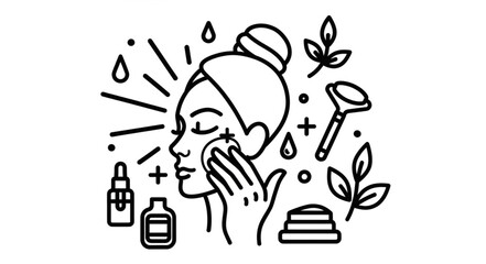 Woman applying facial serum with cotton pad surrounded by skincare items. © Anis