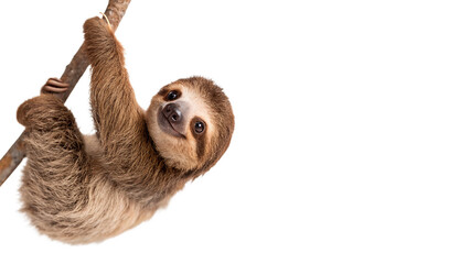 Cute furry brown three toed sloth hanging lazily from a branch isolated on transparent background cut out © 1png-stock