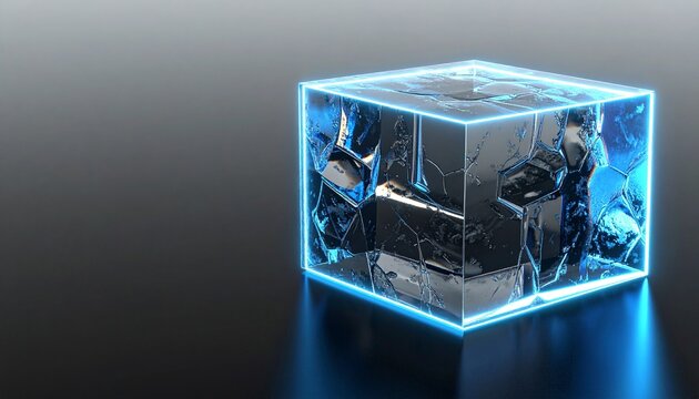 A futuristic cube encloses a dark scene with glowing blue lines and two characters.