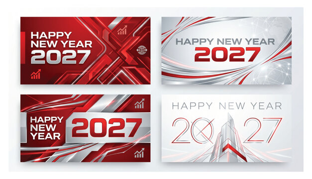 Happy new year 2027 professional business marketing template set with red and silver modern graphics business marketing template professional celebration corporate promotion abstract