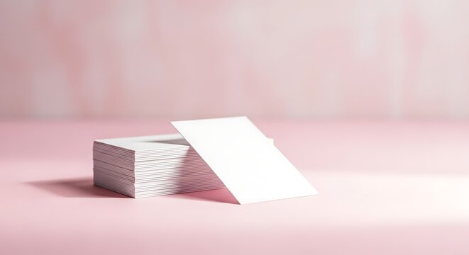 Stack of blank cards on pink surface for design and branding purposes with a soft pink patterned wall