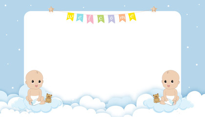 Obraz premium Baby shower card with clouds and stars hanging on blue sky background, Vector illustration for Twin baby boy party decoration, Invitation, Nursery design, Cute, Sweet celebration,Bank space for text