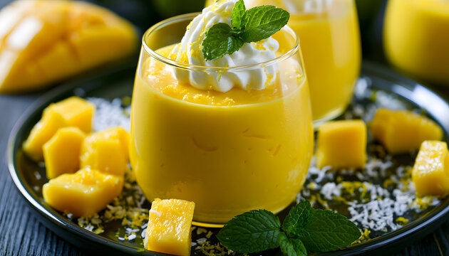 A glass of yellow mango pudding, topped with creamy mint and a dollop of cream, surrounds fresh mango chunks on the plate. Served with a sprinkle of coconut and a hint of zest, it's a delightful tropi