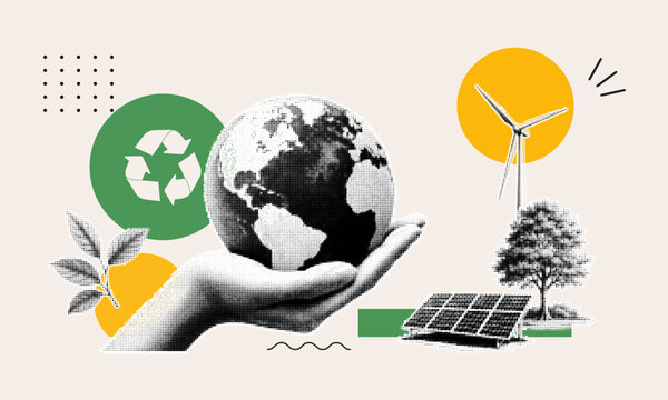Sustainability collage with Earth in hand, recycling symbol, wind turbine, solar panel and tree. Modern halftone eco concept illustrating renewable energy and environmental protection.