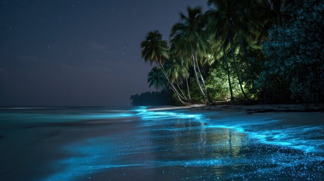 Nighttime beach scene with bioluminescent waves under a starry sky
