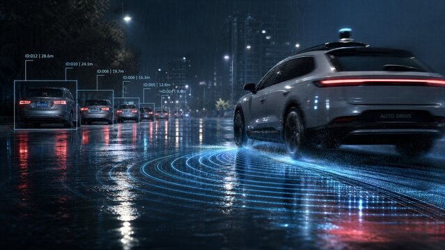 Autonomous vehicle navigating a futuristic city at night. The car is equipped with advanced sensors and AI, detecting other vehicles and road conditions.