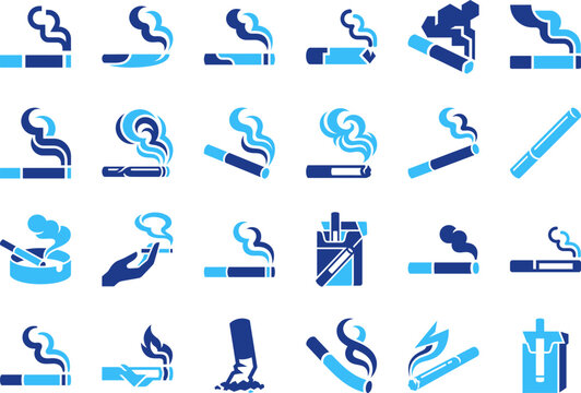 Graphic blue cigarette and smoke icons including ashtray and pack for health awareness set.
