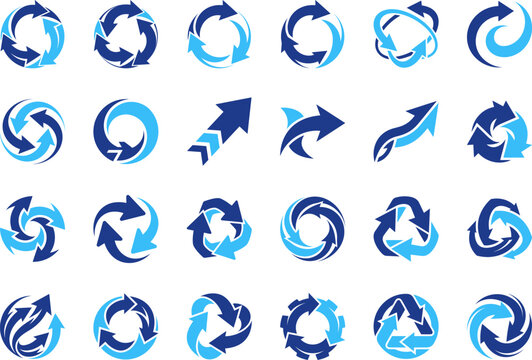 Blue and light blue circular arrows icons showing rotation recycling and flow motion.