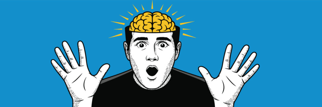 Surprised Man with Yellow Brain on Blue Background