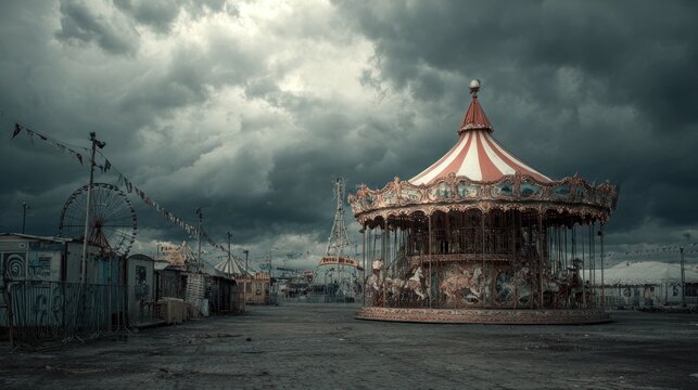 Vintage carousel under a dramatic cloudy sky representing nostalgia and memory
