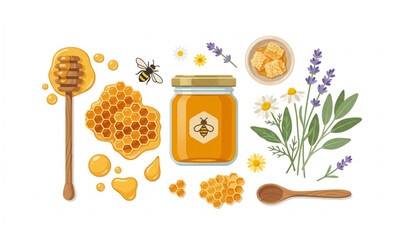 Honey Top View Vector Set with Fresh Honeycomb Jars and Dippers © Mousumi