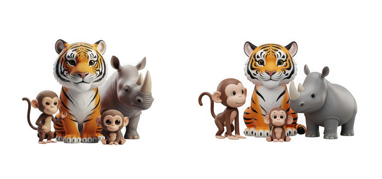 Cute cartoon animal figurines of a tiger, rhinoceros, and monkeys isolated on transparent background