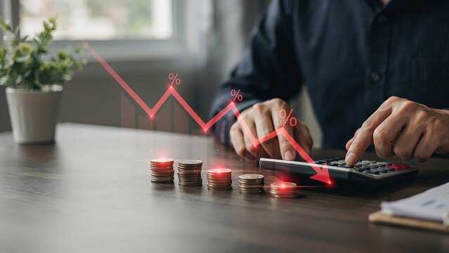 Calculating financial losses and economic downturn, a person uses a calculator, with decreasing coin stacks and a red arrow symbolizing recession and mounting debt