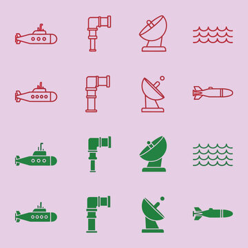 A collection of maritime and military themed featuring submarines, periscopes, radar dishes, waves, and torpedoes in red and green colors on a light pink background