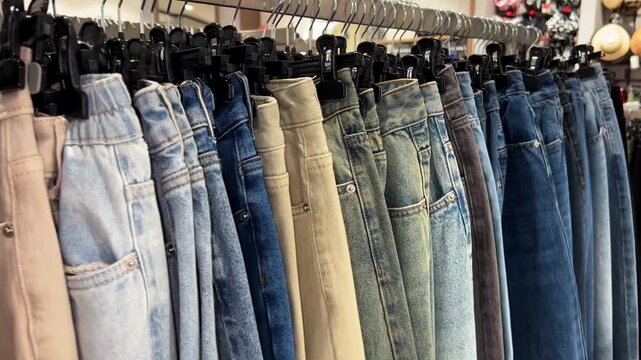 Denim jeans and casual pants hanging on a rack in a clothing store