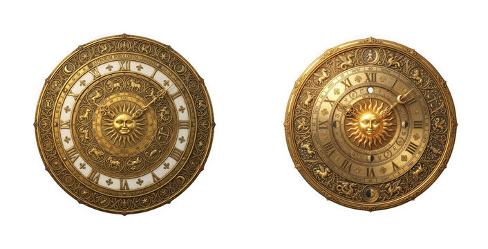Two ornate golden astronomical clock faces with zodiac signs and sun motifs isolated on transparent background