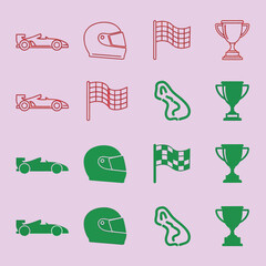 Naklejka premium A collection of racing-themed featuring formula 1 cars, driver helmets, checkered flags, race tracks, and winner trophies in red and green line and solid styles on a light purple background