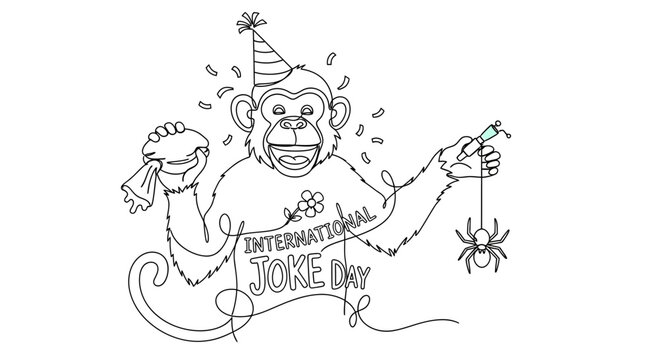 Funny Monkey Celebrating International Joke Day with Spider Toy and Party Hat