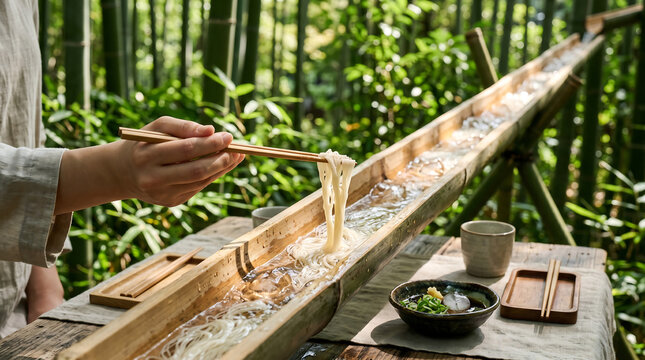 Japanese Nagashi Somen Noodles Flowing in Bamboo Slide