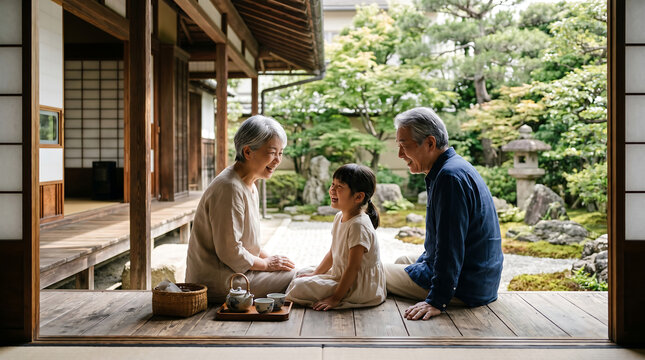 Senior Japanese Couple and Granddaughter Laughing on Traditional Porch