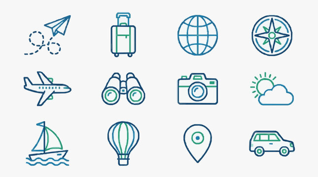 Travel Icons Collection Representing Different Modes of Transportation and Activities.