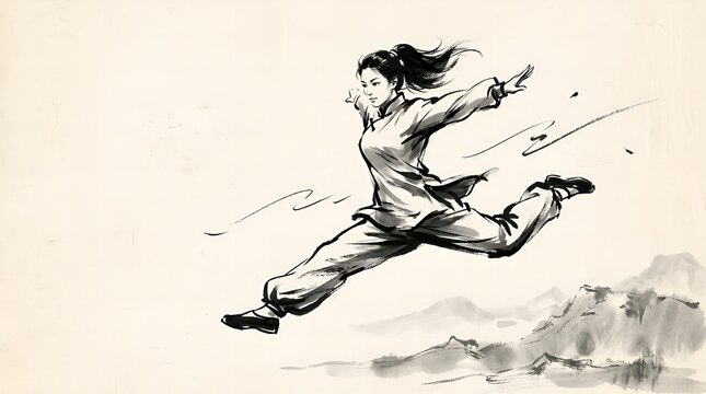 Traditional Chinese ink painting of a dynamic warrior leaping in mid-air with flowing hair and robe against a minimalist landscape