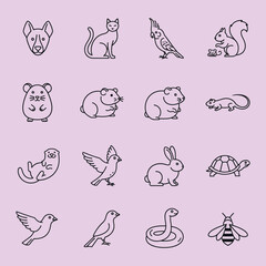 Fototapeta premium A collection of various animal featuring a dog, cat, bird, squirrel, hamster, rabbit, turtle, snake, and bee, presented in a clean, minimalist line style on a soft purple background