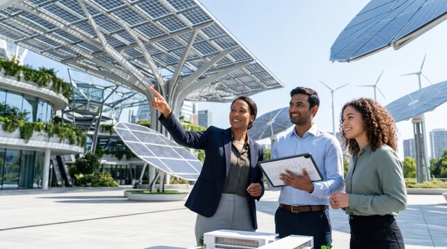 Team of engineers discussing solar panel project at modern facility, pointing at installation while holding tablet with blueprint, renewable energy concept.