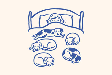 Woman sleeping in bed with five cute dogs Vector, illustration © Jrdesign0