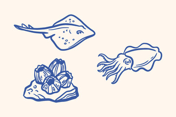 Blue illustrations of sea creatures, stingray, jellyfish and oyster Vector, illustration © Jrdesign0