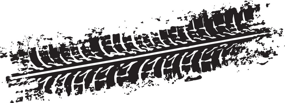 Close-up of a black tire track mark with white background, featuring a rugged tread pattern and a central white line,