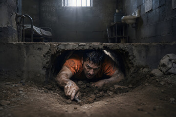 Fototapeta premium Desperate Prison Escape Through Underground Tunnel in Dark Jail CellA dramatic and realistic scene depicting a prisoner crawling through a narrow underground tunnel beneath a prison cell, symbolizin