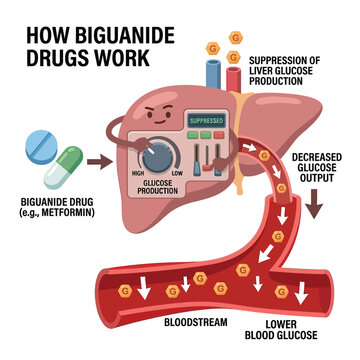 Biguanide MOA 3D Vector Cartoon Liver Glucose Production Suppression Metformin Flat Pharmaceutical Illustration