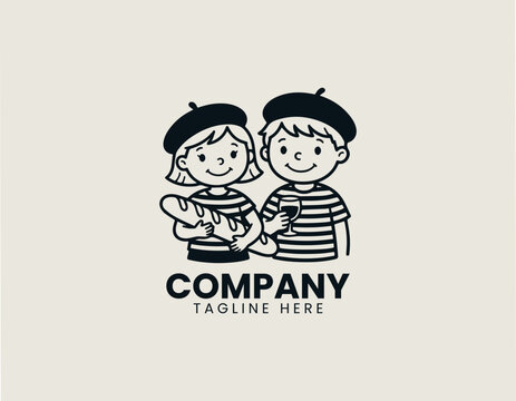 Cute french couple with baguette and wine line art vector logo