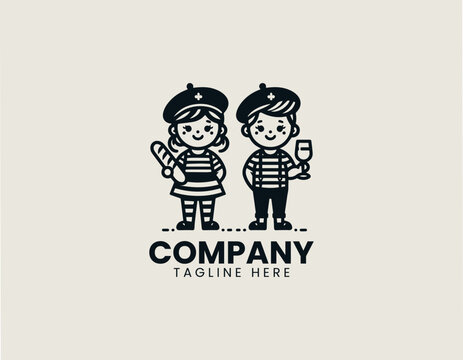 Cute french couple with baguette and wine line art vector logo