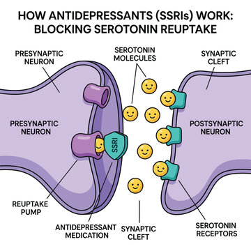 SSRI MOA 3D Vector Cartoon Serotonin Reuptake Inhibition Synapse Neurotransmitter Flat Pharmaceutical Illustration