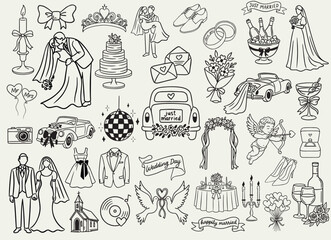 Fototapeta premium Hand Drawn Whimsical Wedding Illustration Icons Bundle – Romantic Wedding Doodle Collection with Bride, Groom, Floral Elements, Celebration Symbols and Decorative Clipart