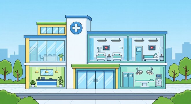 Modern hospital building cross section exterior view flat vector illustration