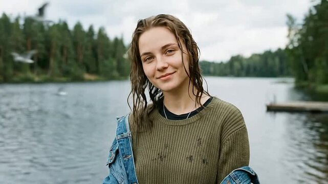 Young woman by the lake in casual clothing with wet hair outdoor scene