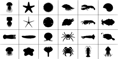 Fototapeta premium Silhouette Collection of Black and White Animal Icons Arranged in Grid with Diverse Shapes and High-Contrast Vector Style