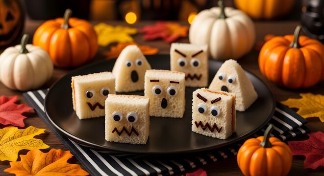 Creative Halloween-themed rice krispie treats with ghost faces