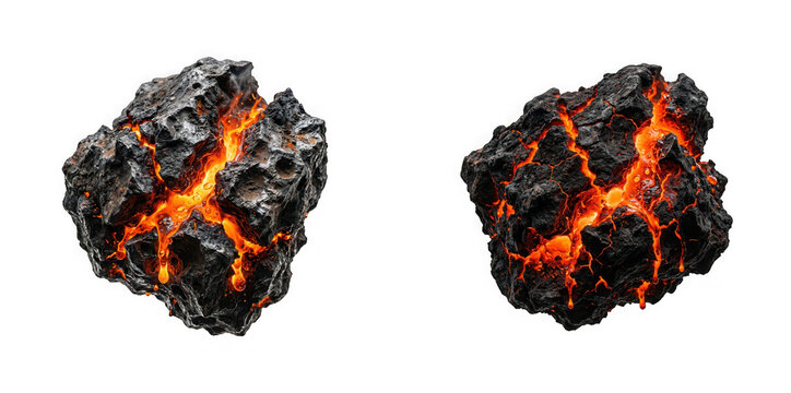 Two glowing volcanic rocks with molten lava cracks isolated on transparent background