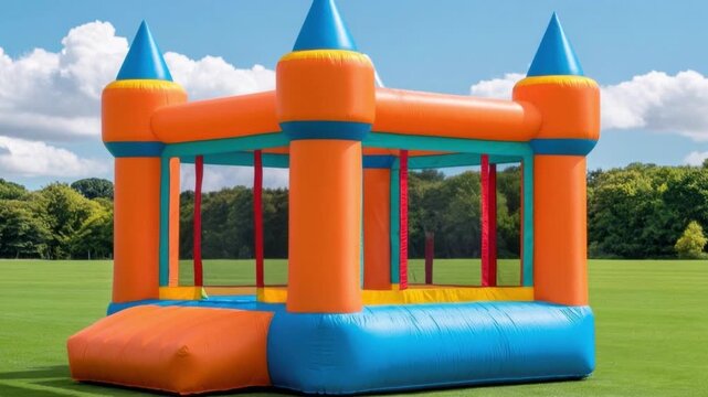 Bright colorful inflatable bounce castle with orange blue yellow and red colors set up outdoors on green grass under blue sky with white clouds